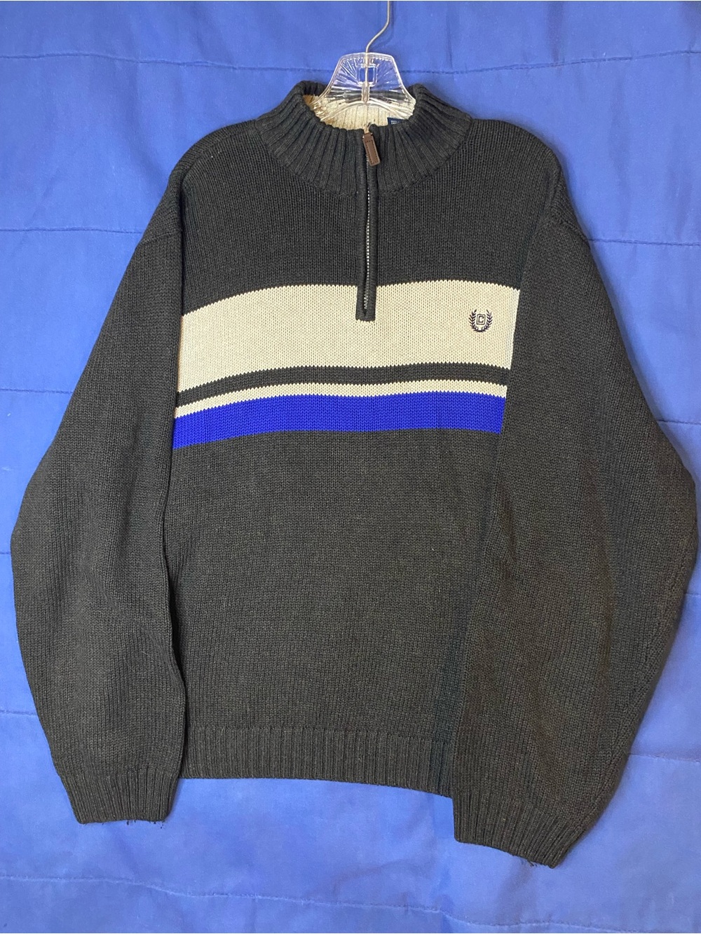 Chaps Men's Dark Gray Half-Zip Sweater with Cream and Blue Stripes
